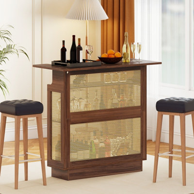 COSTWAY Industrial Home Bar Unit with RGB LED Light Rattan Bar Table ...