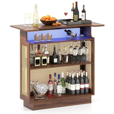 COSTWAY Industrial Home Bar Unit with RGB LED Light Rattan Bar Table ...