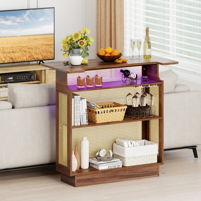 COSTWAY Industrial Home Bar Unit with RGB LED Light Rattan Bar Table ...