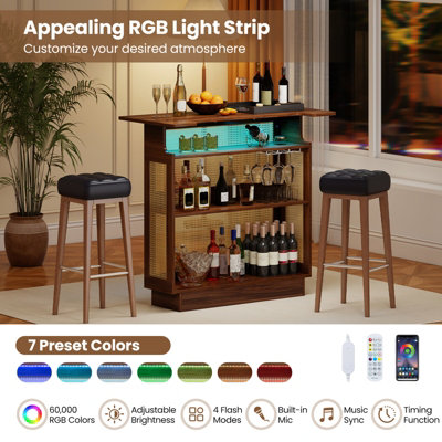 COSTWAY Industrial Home Bar Unit with RGB LED Light Rattan Bar Table ...