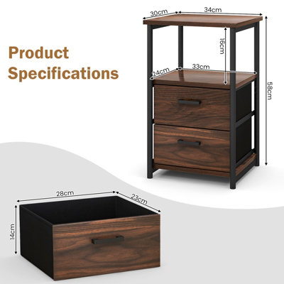 Costway Industrial Nightstand Bedside End Table with 2 Fabric Drawers Storage Shelf