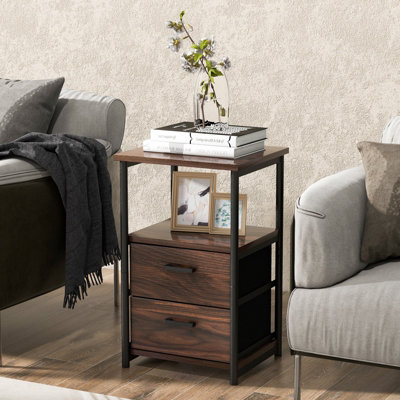 Costway Industrial Nightstand Bedside End Table with 2 Fabric Drawers Storage Shelf