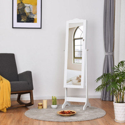 COSTWAY LED Mirror Jewellery Cabinet - Freestanding Lockable Armoire With 3-Color Lights, Large Storage, Adjustable Mirror (White)