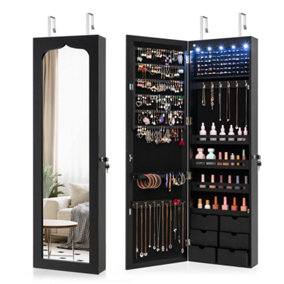 Costway Jewelry Cabinet 5 LED Lights Wall/Door Mounted Jewelry Armoire w/ Mirror