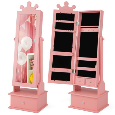 Costway Kid's Jewelry Cabinet Armoire Full Length Dressing Mirror With 3 Storage Drawers