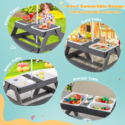 Costway Kids 4-in-1 Sand & Water Table Wood Outdoor Activity Table & Bench Set - 3