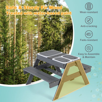 Costway Kids 4-in-1 Sand & Water Table Wood Outdoor Activity Table & Bench Set - 5