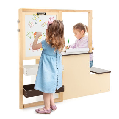 Costway Kids Art Easel & Table & Bench Set Wooden Art Center w/ Double-Sided Blackboard