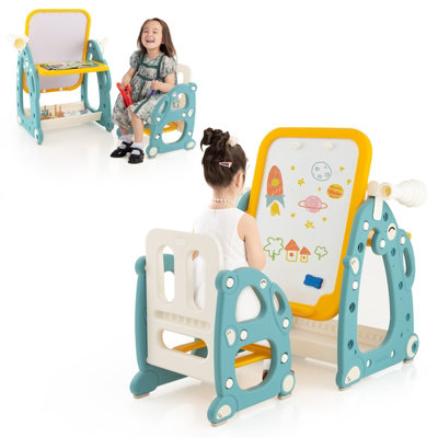 COSTWAY Kids Art Easel with Chair Kids Activity Table & Chair Set w/ 3-Level Adjustable Whiteboard