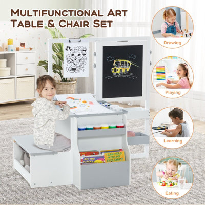 COSTWAY Kids Art Easel Wooden Art Table Bench Set w/ Double