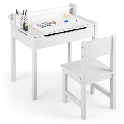 Costway Kids Art Table & Chairs Set Wooden Drawing Desk with Paper Roll  Storage Shelf Bins