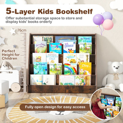 COSTWAY Kids Bookshelf 5-Tier Wooden Children Bookcase Magazine Rack-Brown