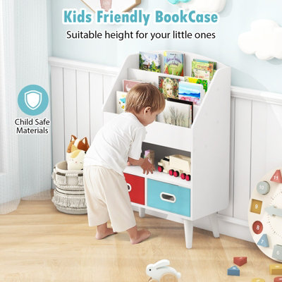 COSTWAY Kids Bookshelf Wooden Children Book Display Rack W/ 2 Foldable ...