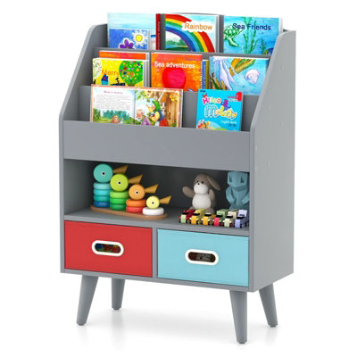 COSTWAY Kids Bookshelf Wooden Children Book Display Rack W/ 2 Foldable ...