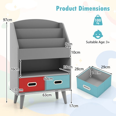 COSTWAY Kids Bookshelf Wooden Children Book Display Rack W/ 2 Foldable ...