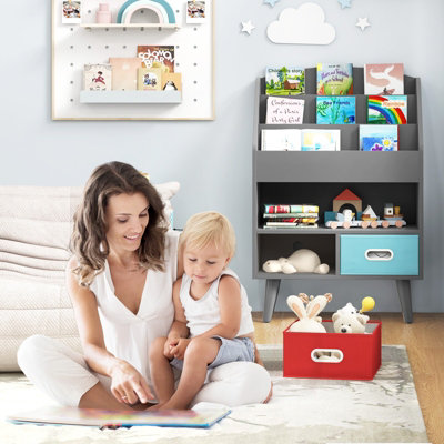 COSTWAY Kids Bookshelf Wooden Children Book Display Rack W/ 2 Foldable ...