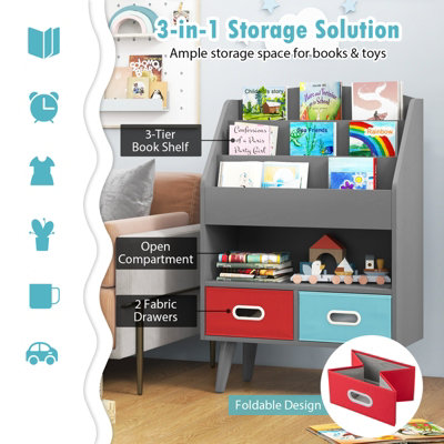 COSTWAY Kids Bookshelf Wooden Children Book Display Rack W/ 2 Foldable ...