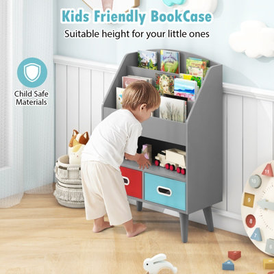 COSTWAY Kids Bookshelf Wooden Children Book Display Rack W/ 2 Foldable ...