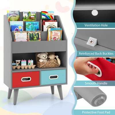 COSTWAY Kids Bookshelf Wooden Children Book Display Rack W/ 2 Foldable ...