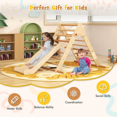 Costway Kids Climbing Triangle Set Wooden Indoor Montessori Climbing Frame W/ Slide