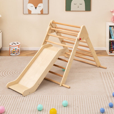 Costway Kids Climbing Triangle Set Wooden Indoor Montessori Climbing Frame W/ Slide