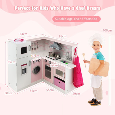 Costway Kids Corner Kitchen Playset Pretend Wooden Play Kitchen Toy W Apron Chef Hat