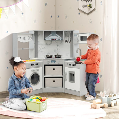 Costway Kids Corner Kitchen Playset Wooden Play Kitchen Toddlers Pretend Cooking Toy