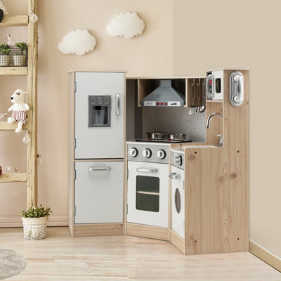 Costway Kids Corner Play Kitchen Wooden Kitchen Playset 9 IN 1 Pretend Cooking Toy Realistic Sounds