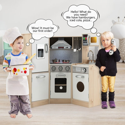 Costway Kids Corner Play Kitchen Wooden Kitchen Playset 9 IN 1 Pretend Cooking Toy Realistic Sounds