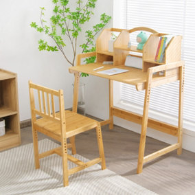 Costway Kids Desk and Chair Set Bamboo Children Study Table & Chair Set W/ Bookshelf