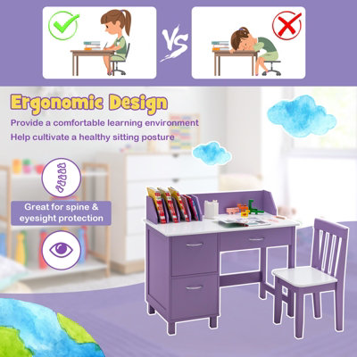 Costway Kids Desk and Chair Set Wooden Children Study Table Chair Writing Table Set