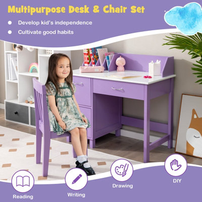 Kids Wooden Corner Desk and Chair Set with Hutch and Storage-White | Costway