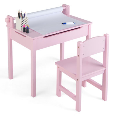 Costway Kids Desk and Chair Set Wooden Toddler Craft Table Lift-top w/ Paper Roll