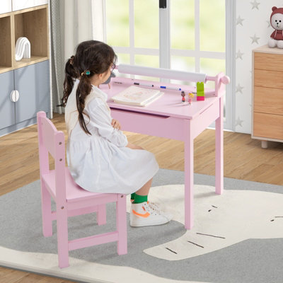 Costway Kids Art Table & Chairs Set Wooden Drawing Desk with