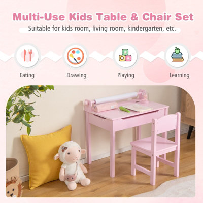 Kids Art Table and Chairs Set with Paper Roll and Storage Bins - Costway