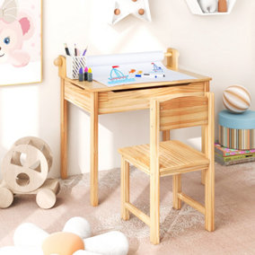 Costway Kids Desk and Chair Set Wooden Toddler Craft Table Lift-top with Paper Roll