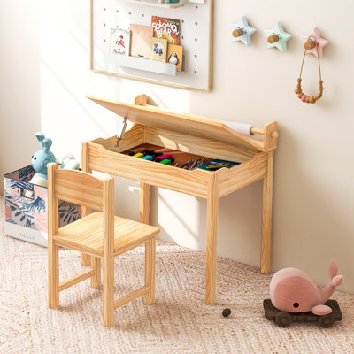Costway Kids Desk and Chair Set Wooden Toddler Craft Table Lift-top with Paper Roll