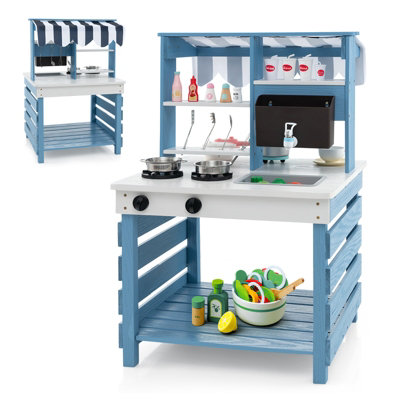 Kids Mud Kitchen Fir Wood Playset with Planting Pots and Blackboards