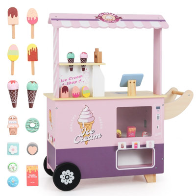 COSTWAY Kids Ice Cream Cart Toddlers Ice Cream Truck Pretend Play Set w/ 15 Pcs Play Food