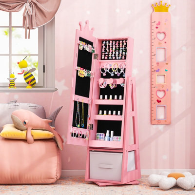 COSTWAY Kids Jewelry Cabinet with Full Length Mirror Princess Jewelry Armoire