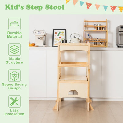 Costway Kids Kitchen Step Stool Height Adjustable Folding Toddler Kitchen Wooden Helper - 5
