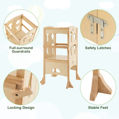 Costway Kids Kitchen Step Stool Height Adjustable Folding Toddler Kitchen Wooden Helper - 9