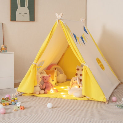 Costway Kids Play Tent Cotton Canvas Playhouse Toddler Castle Tent W Solid Wood Frame DIY at B Q