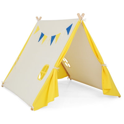 Costway Kids Play Tent Cotton Canvas Playhouse Toddler Castle Tent W Solid Wood Frame