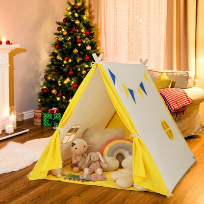 Costway Kids Play Tent Cotton Canvas Playhouse Toddler Castle Tent W Solid Wood Frame DIY at B Q