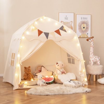 COSTWAY Kids Play Tent Indoor Outdoor Large Playhouse Tent with Windows-Beige