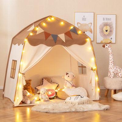 COSTWAY Kids Play Tent Indoor Outdoor Large Playhouse Tent with Windows-Coffee