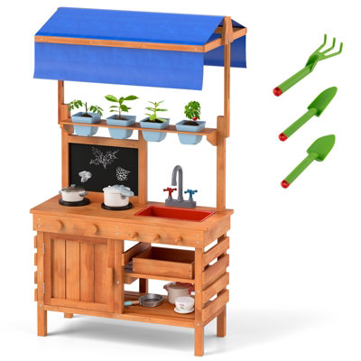 COSTWAY Kids Potting Bench Fir Wood Play Kitchen w/ Canopy & Sink Children Mud Kitchen