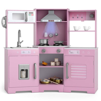 COSTWAY Wooden Kids Play Kitchen Toddler Toy Kitchen Play Set With Blackboard Pink