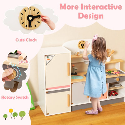 Costway Kids Pretend Play Set Wooden Kitchen and Refrigerator w Realistic Range Hood